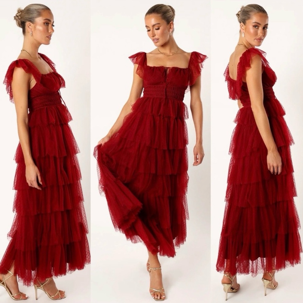 Petal & Pup  Elegant Red/maroon tulle Tiered Dress